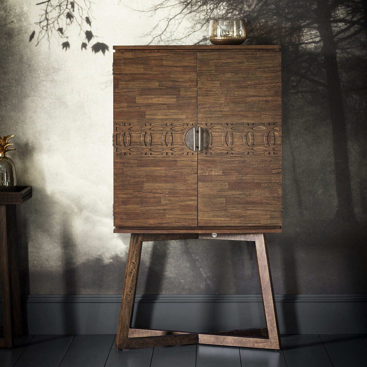 Modern French-Style Cocktail Cabinet – Mango Wood with Metal Detailing
